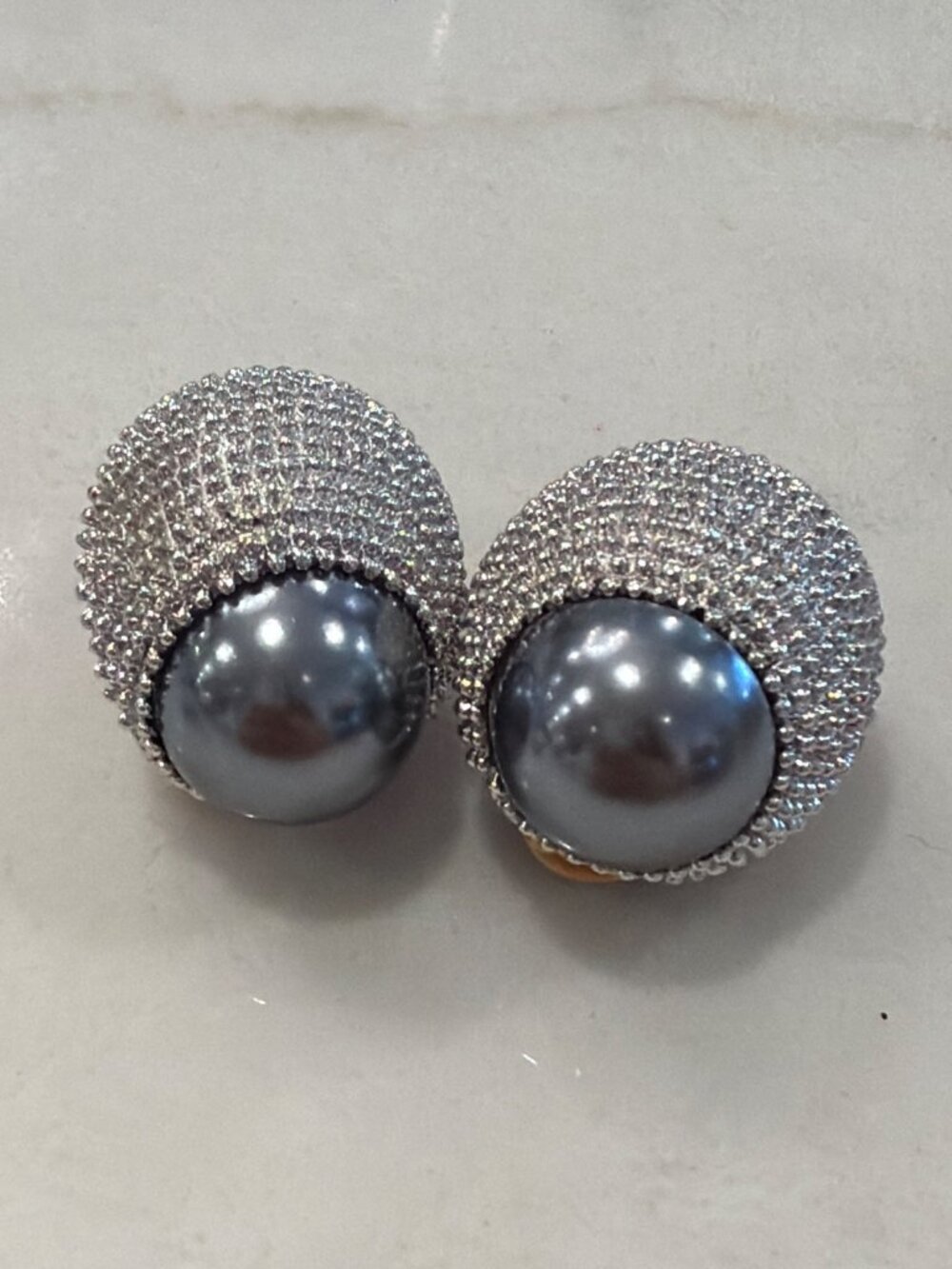 Erwin Pearl Silver Pavé Button Clip-On Earrings Gray Faux Pearl